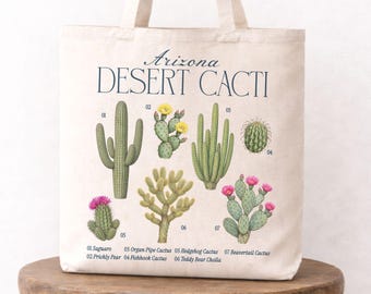 Sac fourre-tout cactus du désert de l'Arizona, fourre-tout en toile botanique vintage, sac du marché aux cactus, fourre-tout sud-ouest, cadeau Arizona