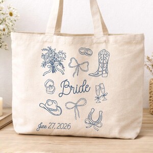 Custom Cowgirl Bridal Tote Bag, Personalized Western Wedding Canvas Tote Jumbo Tote