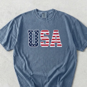 Vintage USA Flag Shirt, Patriotic Americana Tee, Comfort Colors Unisex T-Shirt Blue Jean