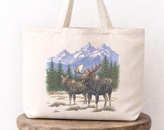 Moose Tote Bag, Large Western Grocery Bag, Wildlife Cotton Canvas Tote