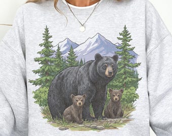 Vintage Bear Sweatshirt, Rocky Mountain Wildlife Crewneck, Nature Scene, Black Bear Gifts