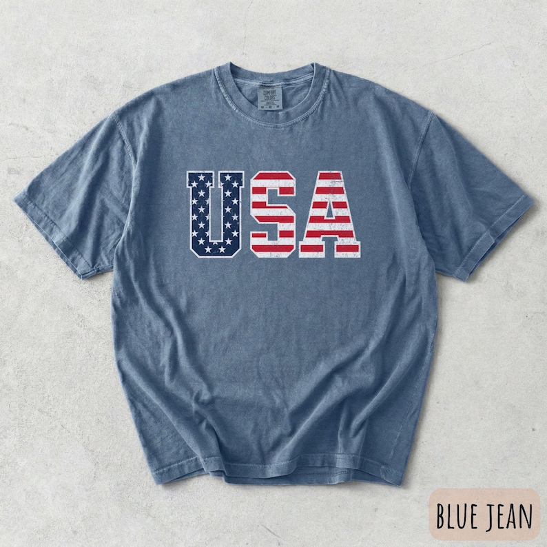 Vintage USA Flag Shirt, Patriotic Americana Tee, Comfort Colors Unisex T-Shirt Blue Jean