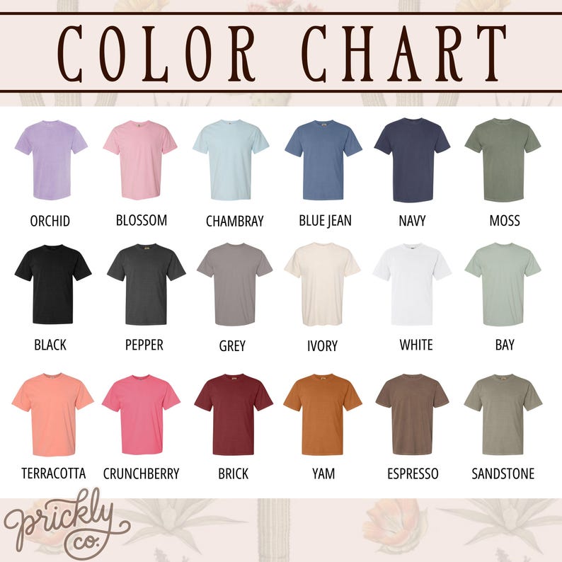 Puede incluir: Carta de colores con camisetas en varios colores, incluyendo orqu&iacute;dea, flor, chambray, azul vaquero, marino, musgo, negro, pimienta, gris, marfil, blanco, bah&iacute;a, terracota, crunchberry, ladrillo, &ntilde;ame, espresso y arenisca.