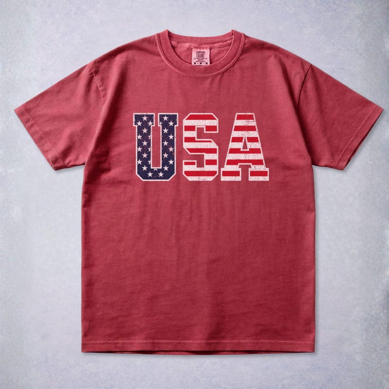 Vintage USA Flag Shirt, Patriotic Americana Tee, Comfort Colors Unisex T-Shirt Brick