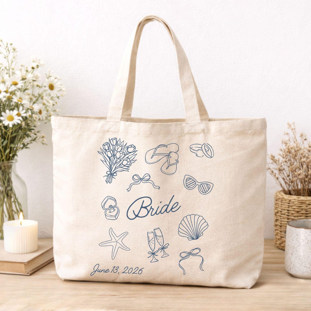 Beach Bridal Tote Bag, Coastal Bachelorette Gift, Custom Wedding Day ...