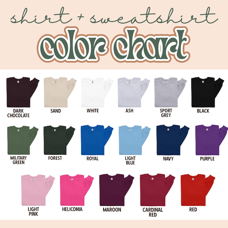 Op de afbeelding: Een kleurenkaart voor shirts en sweatshirts, met een verscheidenheid aan kleuren. De kaart bevat tinten als donkere chocolade, zand, wit, as, sportgrijs, zwart, legergroen, bos, koninklijk, lichtblauw, marine, paars, lichtroze, heliconia, kastanjebruin, kardinaalrood en rood.