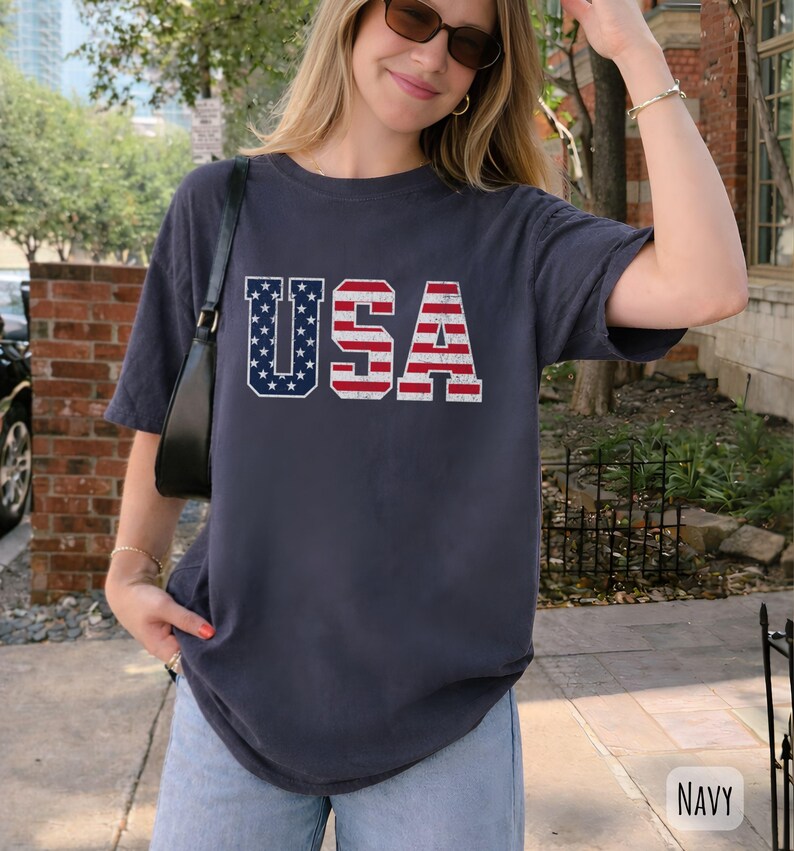 Vintage USA Flag Shirt, Patriotic Americana Tee, Comfort Colors Unisex T-Shirt Navy