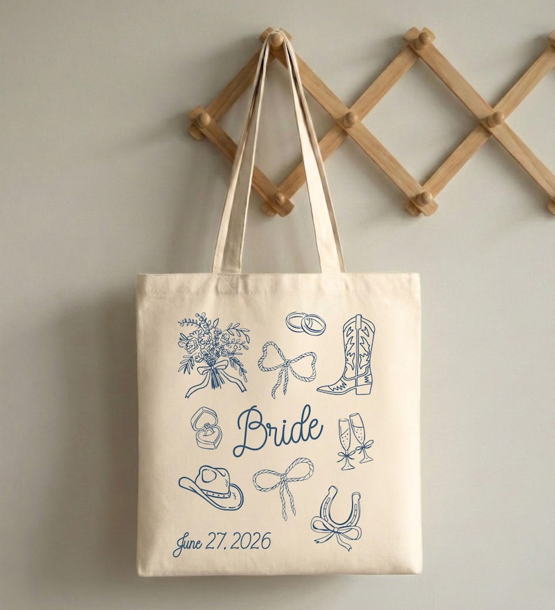Custom Cowgirl Bridal Tote Bag, Personalized Western Wedding Canvas Tote Medium Tote