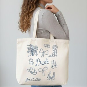Custom Cowgirl Bridal Tote Bag, Personalized Western Wedding Canvas Tote image 3
