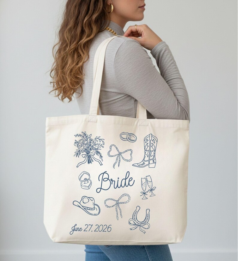 Custom Cowgirl Bridal Tote Bag, Personalized Western Wedding Canvas Tote image 3