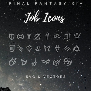 May include: A digital graphic featuring various job icons from Final Fantasy XIV, rendered in a light gray color. The icons are arranged in rows and columns against a dark, starry background. The text "FINAL FANTASY XIV" and "Job Icons" are displayed in white.