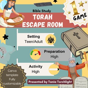 Op de afbeelding: Een kleurrijke afbeelding die een Bijbelstudie Torah Escape Room-spel promoot. Het ontwerp bevat illustraties van bijbelse figuren, een boek en tekst die de setting, het voorbereidingsniveau en het activiteitenniveau van het spel aangeeft. De Canva-sjabloon is volledig aanpasbaar.