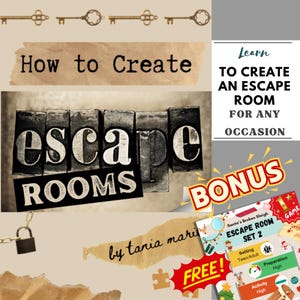 Könnte beinhalten: Ein brauner und beigefarbener strukturierter Hintergrund mit dem Text "How to Create escape ROOMS by tania maris" in Schwarz. Ein rot-weißes Banner mit dem Text "FREE!" befindet sich in der unteren rechten Ecke. Ein rot-weißes Banner mit dem Text "BONUS" befindet sich in der oberen rechten Ecke. Ein weißes Banner mit dem Text "Learn TO CREATE AN ESCAPE ROOM FOR ANY OCCASION" befindet sich in der oberen rechten Ecke. Ein kleineres Bild einer Spielkarte mit dem Text "Santa's Broken Sleigh ESCAPE ROOM SET 2" befindet sich in der unteren rechten Ecke.