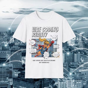 May include: A white short-sleeve t-shirt featuring a graphic of a superhero flying over a city. The text reads VIBE CODING REALITY and VIBE CODERS ARE FUELED BY DREAMS NOT KNOWLEDGE, with speech bubbles containing technical error messages.
