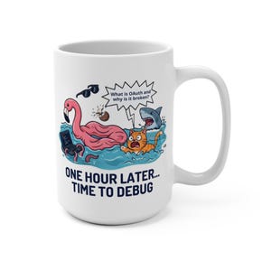 Lustiger Vibe-Coder-Becher | Vibe-Coding-Katze gerät ins Chaos ... Eine Stunde später ... Zeit zum Debuggen! 15-oz-Programmiererbecher