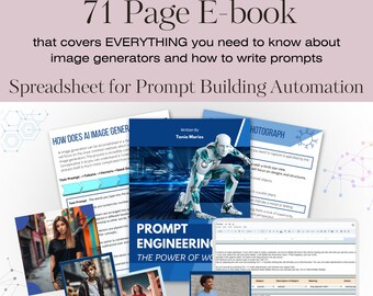 May include: A 71-page e-book titled "Prompt Engineering: The Power of Words" with a blue robot illustration on the cover. The e-book teaches how to use AI image generators and write prompts for creating stunning mockup photos. It includes a spreadsheet for prompt building automation.