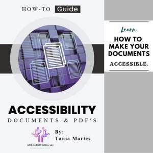Peut inclure: Couverture de livre avec le titre "Accessibilité Documents & PDF's". La couverture présente un cercle blanc avec des icônes de documents sur un fond violet. Le texte "How-To Guide" est en haut. Le livre est de Tania Maries.