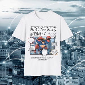 May include: A white short-sleeve t-shirt featuring a comic-style graphic of a superhero labeled Senior Dev. The text reads VIBE CODING REALITY and VIBE CODERS ARE FUELED BY DREAMS NOT KNOWLEDGE, surrounded by speech bubbles with technical error messages.