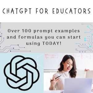 May include: A woman wearing a white shirt is seated at a desk with a laptop and a whiteboard behind her. The whiteboard has mathematical equations written on it. The woman is smiling and pointing at the laptop screen. The text on the image reads "CHATGPT FOR EDUCATORS Over 100 prompt examples and formulas you can start using TODAY!"