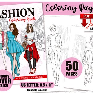 Páginas para colorear de moda, páginas para colorear lindas, páginas para colorear para adultos, descarga digital, arte imprimible de moda, PDF, imprimible, portada de moda