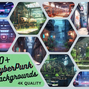 Può includere: Una collezione di oltre 60 sfondi Cyberpunk in qualità 4K, presentata in una griglia esagonale. Le immagini raffigurano paesaggi urbani futuristici, ambientazioni industriali e scene illuminate al neon. La tavolozza dei colori include blu, verdi e viola, con un focus su scene dettagliate e atmosferiche.