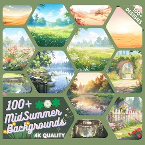 May include: A collection of 100+ mid-summer backgrounds in 4K quality. The backgrounds feature various landscapes, including fields of flowers, forests, rivers, and gardens. The backgrounds are perfect for use in digital art, graphic design, and other creative projects.