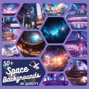 Pode incluir: Uma coleção de fundos de arte digital com tema espacial. As imagens estão em um padrão hexagonal e apresentam nebulosas coloridas, paisagens urbanas futuristas e interiores de estações espaciais. O texto em uma faixa azul escura diz "50+ Space Backgrounds 4K QUALITY".