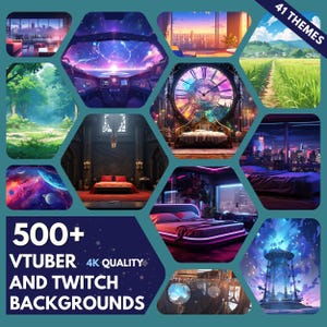 May include: A collection of 500+ 4K quality VTuber and Twitch backgrounds featuring 41 different themes. The backgrounds include a variety of styles, such as anime, fantasy, and modern.
