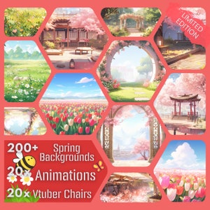 Könnte beinhalten: Eine Collage von Bildern mit Frühlingsmotiven, darunter Kirschblüten, Tulpen und ein japanischer Garten. Der Text "200+ Spring Backgrounds 20x Animations 20x Vtuber Chairs" wird in der Mitte des Bildes angezeigt.