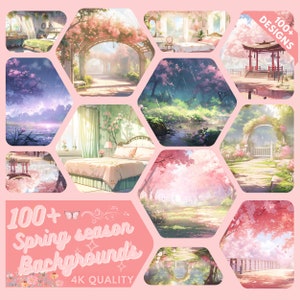 Op de afbeelding: Een verzameling van meer dan 100 lenteachtergronden in 4K-kwaliteit. De achtergronden tonen verschillende scènes met kersenbloesems, tuinen en landschappen. De tekst "100+ Spring season Backgrounds 4K QUALITY" wordt in het midden van de afbeelding weergegeven.