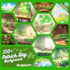 Könnte beinhalten: Eine Collage von Hintergründen zum St. Patrick's Day, die verschiedene Szenen wie Innenräume und Landschaften zeigt. Die Hintergründe sind überwiegend grün, mit Kleeblättern und dem Text "150+ Patrick Day Background" und "4K Quality".