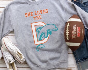 Womens Fall football crewneck, Miami Dolphins sweatshirt, she loves the d shirt, football love sweater