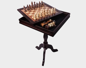 Handgemaakte houten schaakbordspeltafel, 3-in-1 schaakdammen-backgammonbordtafel met opbergladen