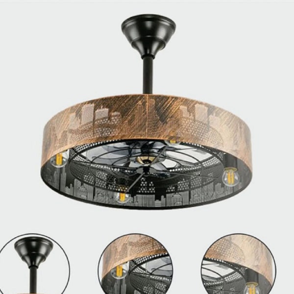 Modern Enclosed Ceiling Fan With Remote and Lights, Caged Ceiling Fan with 6 Adjustable speeds, Industrial Ceiling Fan For Living Room