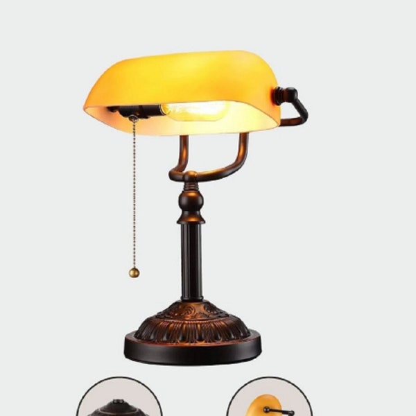 Antique Brass Desk Lamp, Bankers Lamp with Amber Glass Shade, Office Lamp with Pull Chain