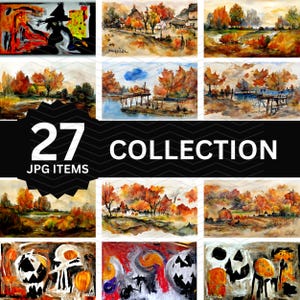 May include: A collection of 27 JPG items featuring watercolor paintings. The artwork includes autumn landscapes with trees in shades of orange and red, and Halloween-themed art with pumpkins and witches. The word "COLLECTION" is displayed in white text.