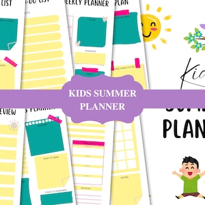 Może przedstawiać: Zbiór kolorowych stron letniego planera dla dzieci. Strony zawierają turkusowe i żółte karteczki samoprzylepne z napisami "Summer Bucket List", "To-Do List" i "Weekly Planner". Tytuł "Kids Summer Planner" jest wyświetlany na fioletowym banerze.