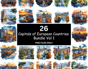 European Capitals Watercolor Clipart Bundle: Cityscape Illustrations (Digital Download