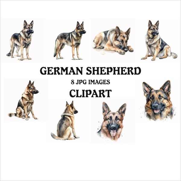German Shepherd Clipart Bundle - 8 High Quality Vibrant JPGs, Printable Planner Crafting, Commercial Use Included, Digital Download