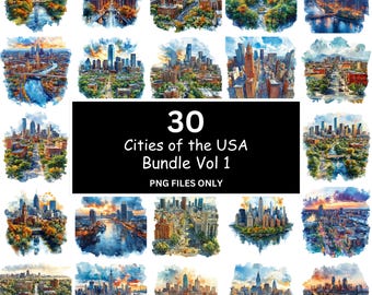 USA Cityscape Clipart Bundle: 30 American Landmarks (Digital Download)