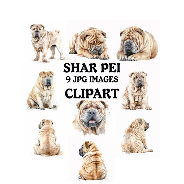 Shar Pei Clipart Bundle - 9 High Quality Vibrant JPGs, Printable Planner Crafting, Commercial Use Included, Digital Download