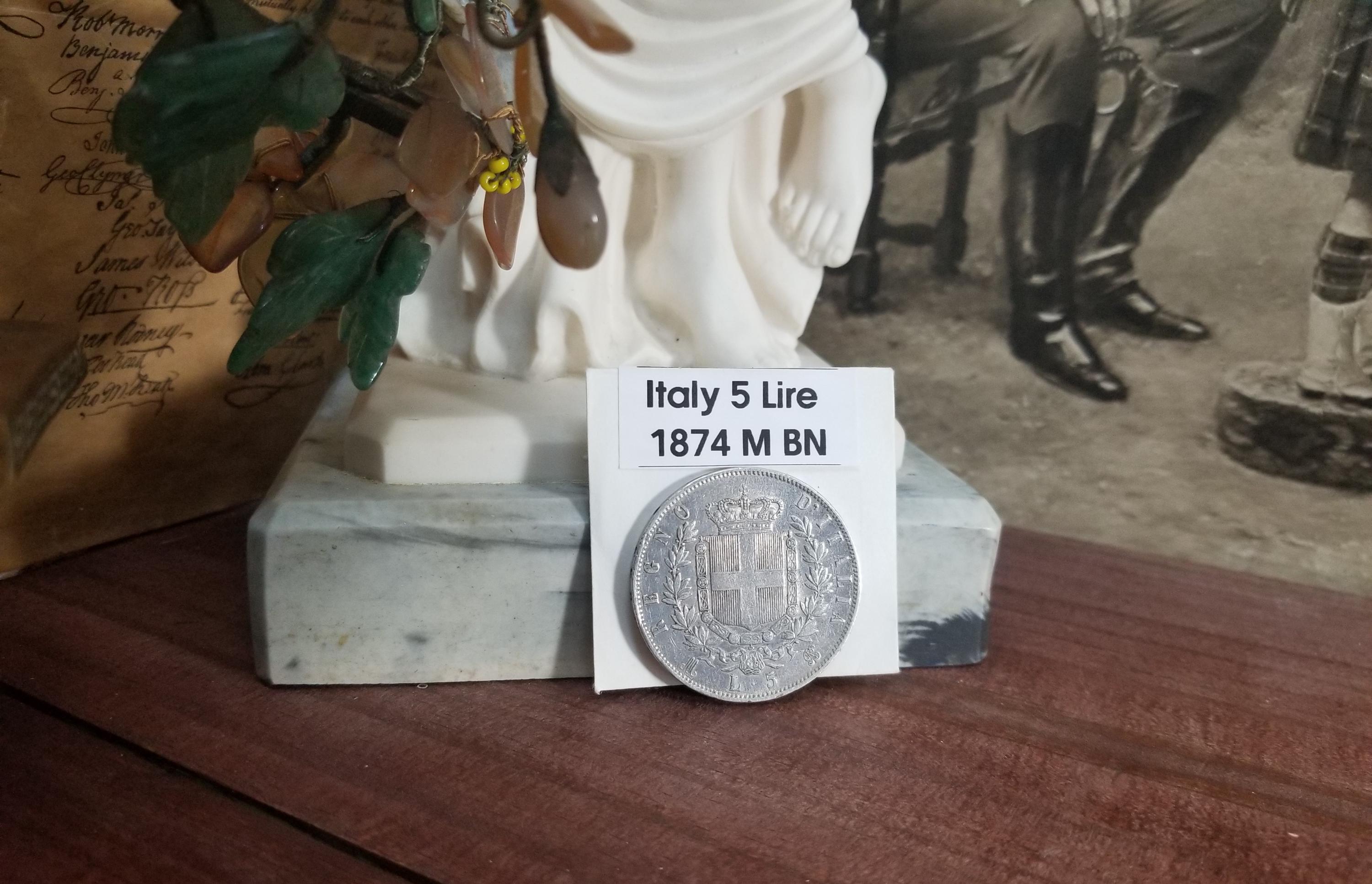 イタリア 5 リラ 1874 M BN。銀 24.94 g。ヴィットーリオ
