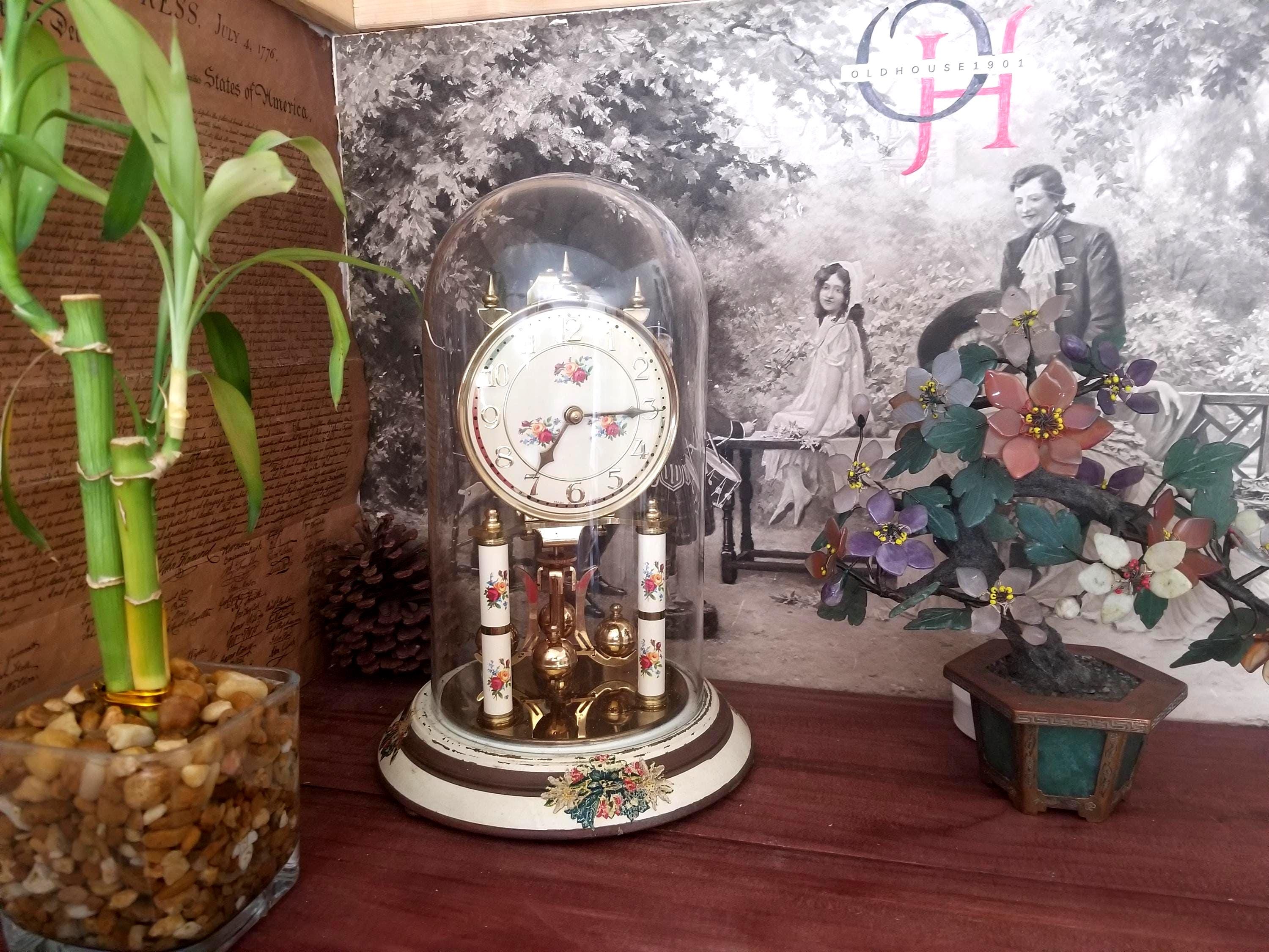 Vintage Welby MCM German Torsion Clock With Floral Enamel and 400
