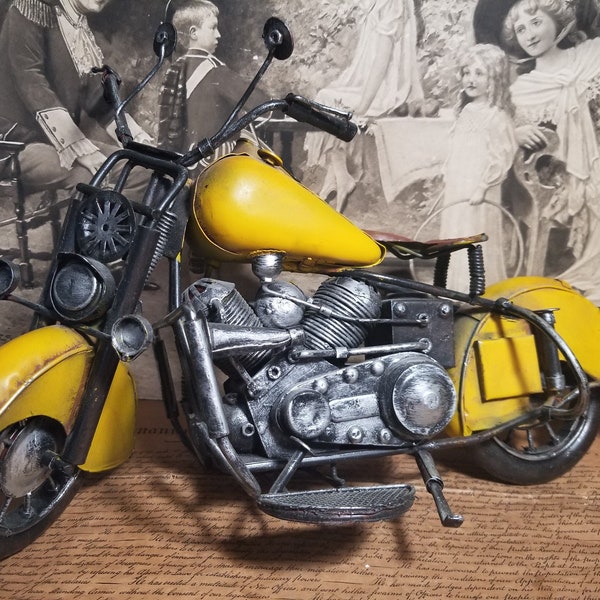 Handmade Vintage Yellow Metal Motorcycle. Figure Sculpture