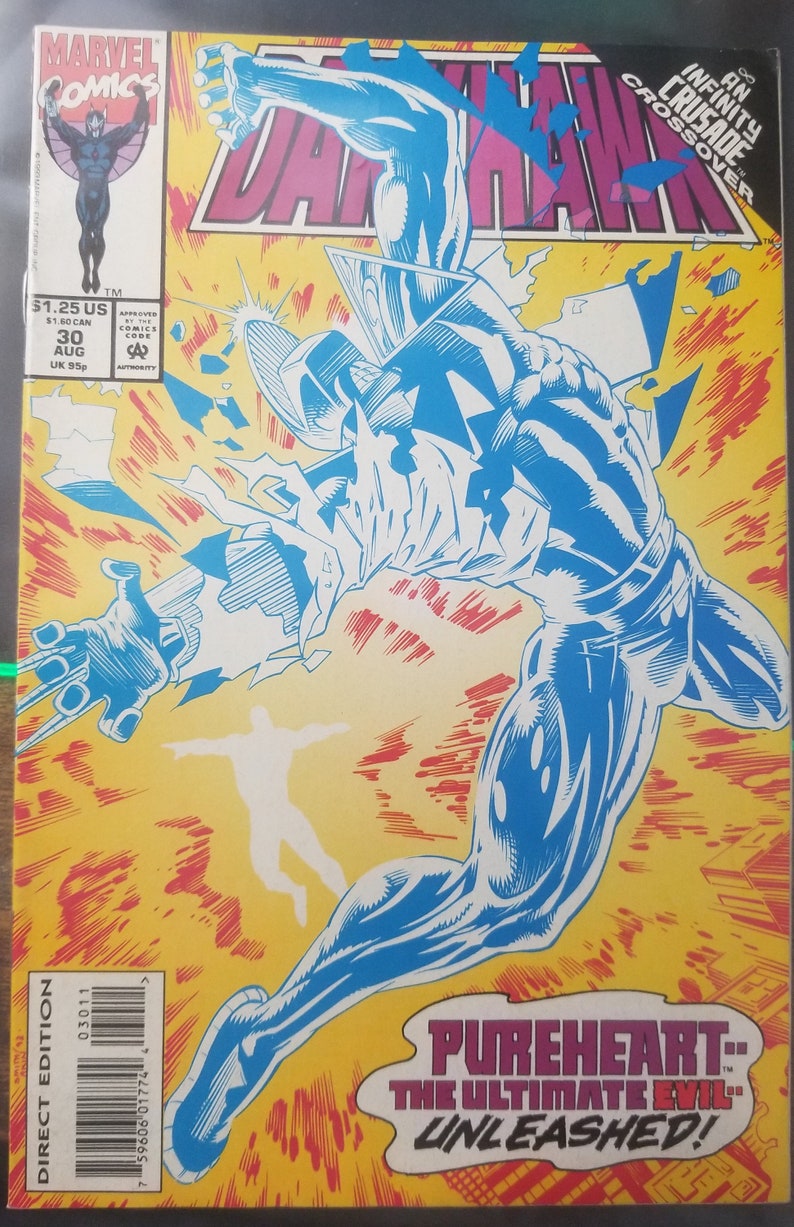 May include: A comic book cover featuring a blue and white superhero character with a yellow background. The title of the comic is "Darkhawk" and the text "Pureheart... The Ultimate Evil... Unleashed!" is featured on the cover.