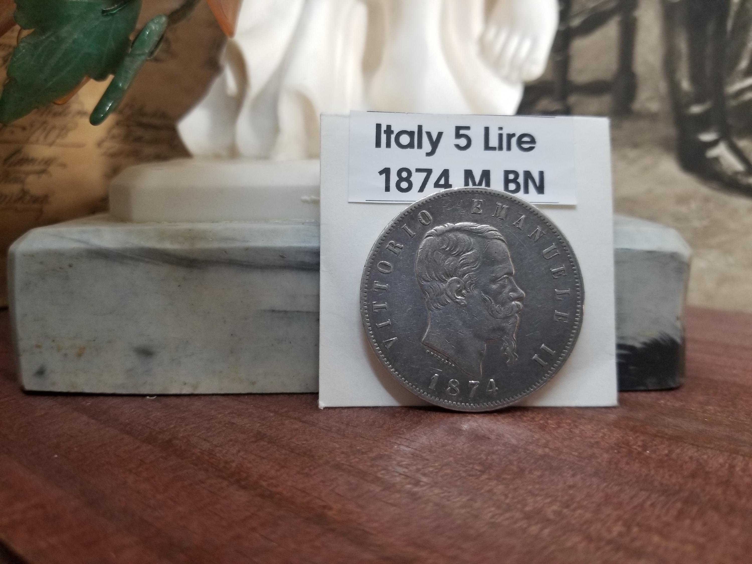 イタリア 5 リラ 1874 M BN。銀 24.94 g。ヴィットーリオ