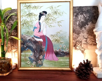 Japanese Garden Geisha Girl Spring Asian Flowers Oil Canvas. Signed