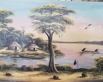 E. MBuya Signed Village Riverfront 14.25"x19.75" Canvas Painting.