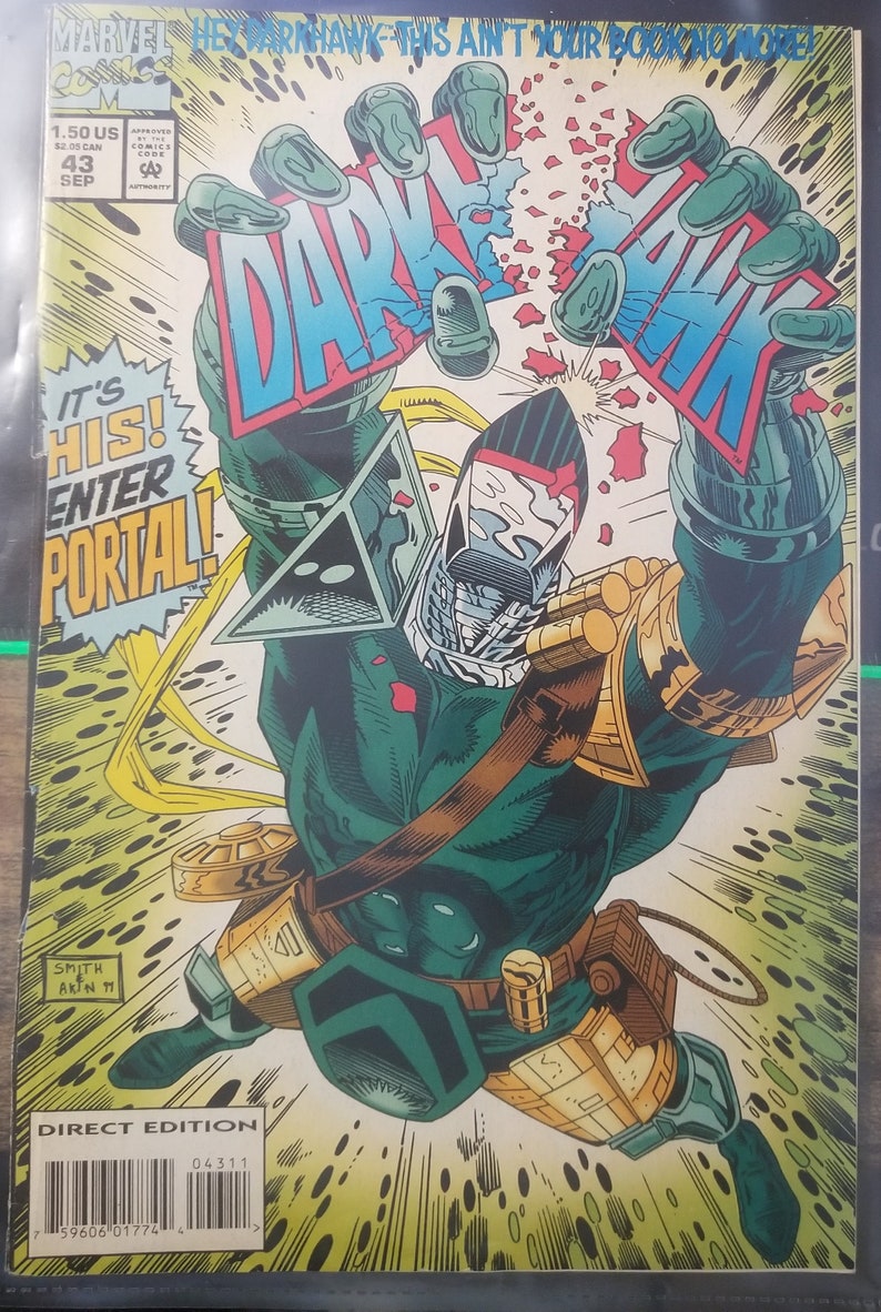 May include: A comic book cover featuring a green and black superhero character with a metallic helmet and a red and blue speech bubble that says "Darkhawk". The character is flying through the air with a yellow and green energy trail behind them. The text "It's His! Enter Portal!" is in a yellow speech bubble.