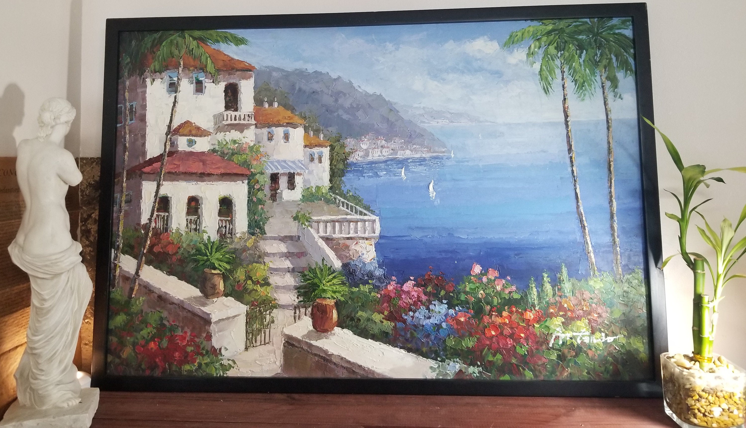 Mediterranean port scene painting on canvas signed Antonio Di Viccaro, framed.